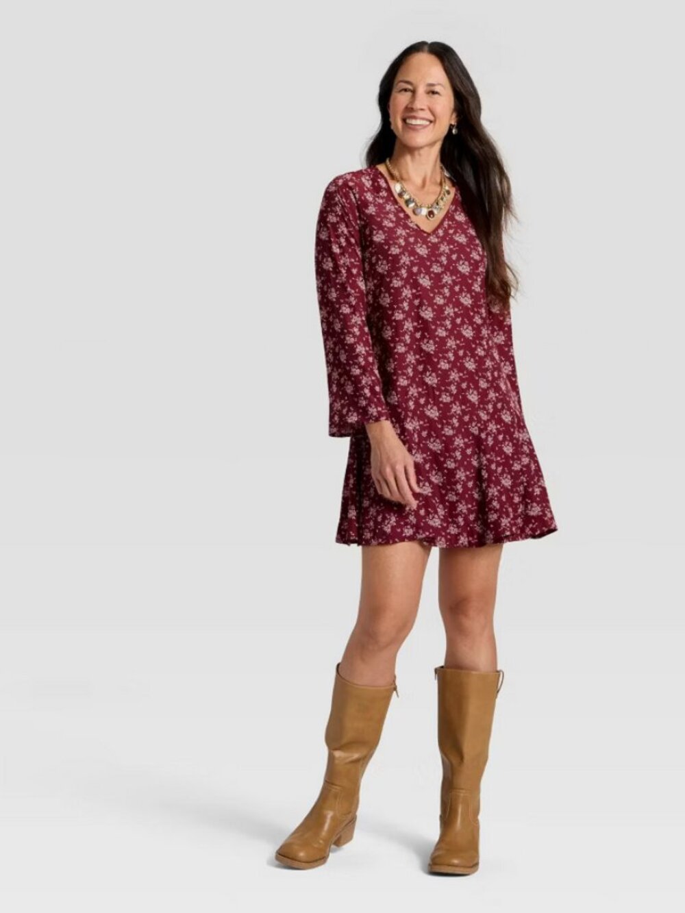 Bell Long Sleeve Godet Mini A-Line Dress - Universal Thread Burgundy Floral XXL